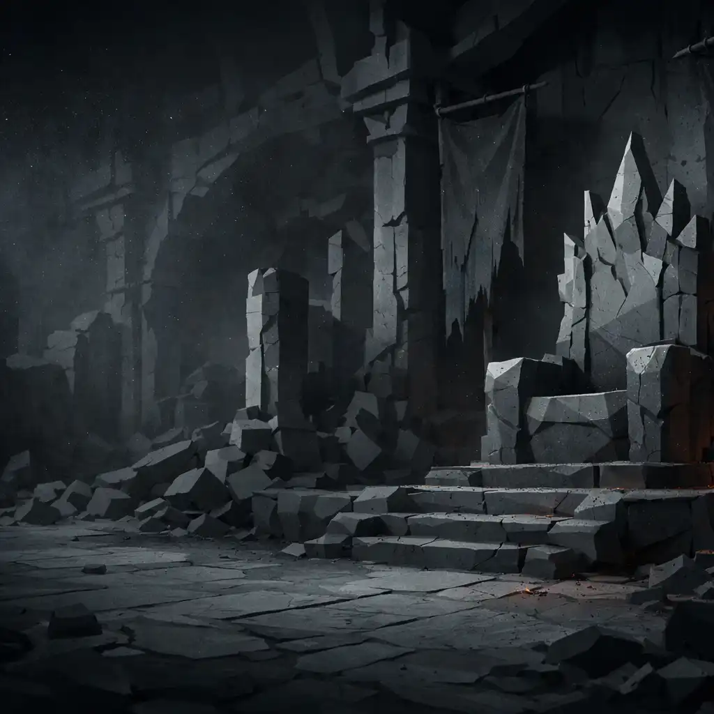 A weathered stone throne in a collapsed royal court.
