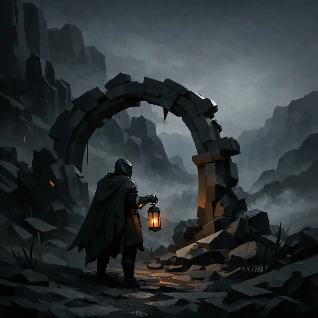 A cloaked knight beneath a broken moon gate in a dark valley