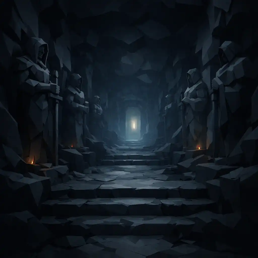 An ancient labyrinth corridor lined with worn statues and fog