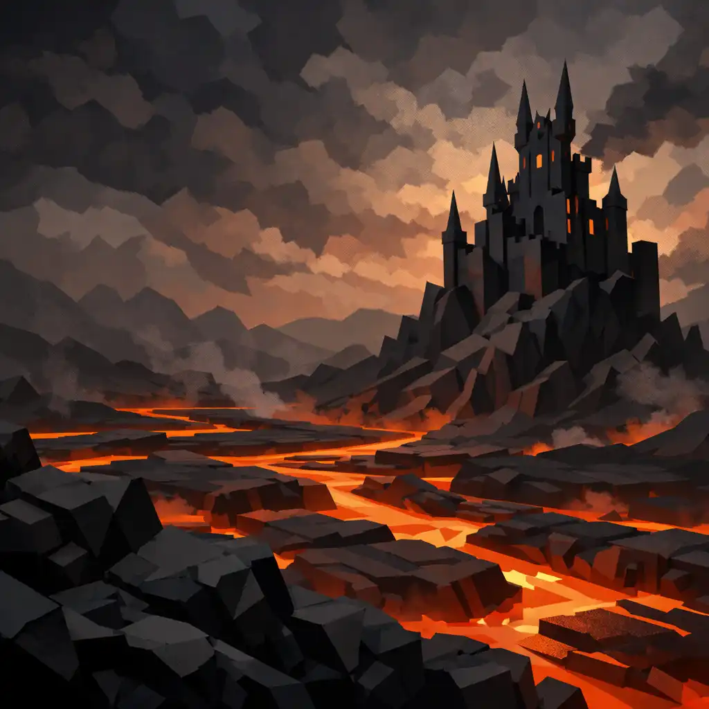 A black volcanic keep rising above cooling lava channels