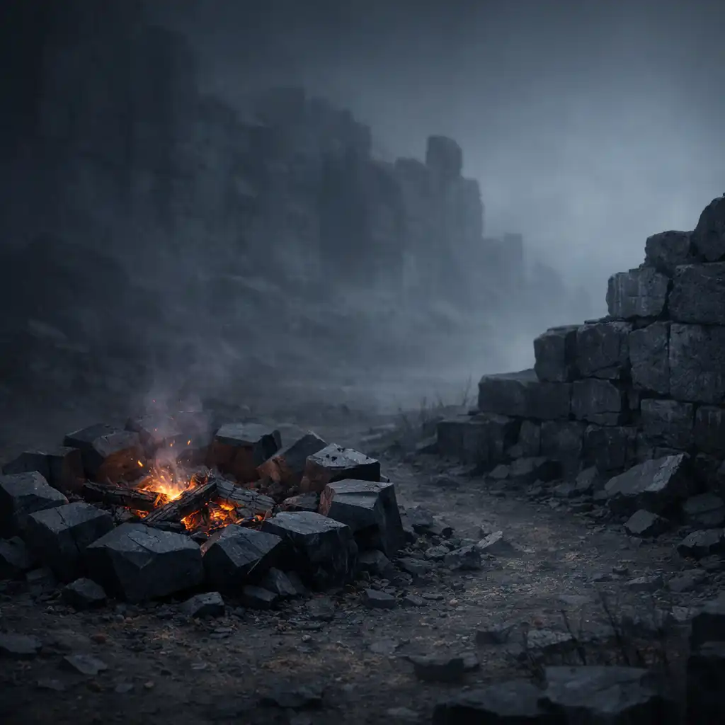 Small ember-lit campfire ring beside a weathered black stone wall