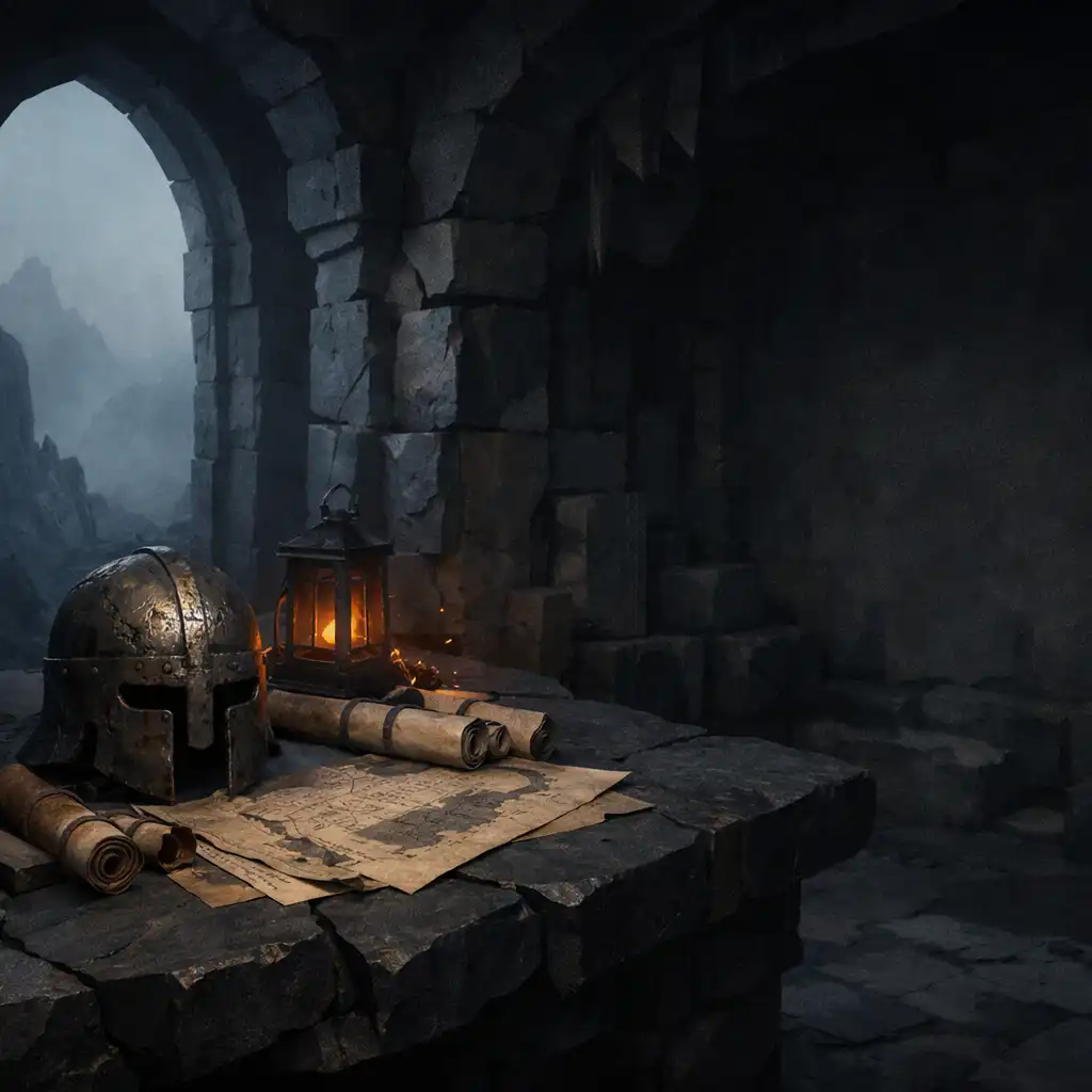 A cracked basalt worktable with maps and an iron helmet in a shadowed stone chamber.