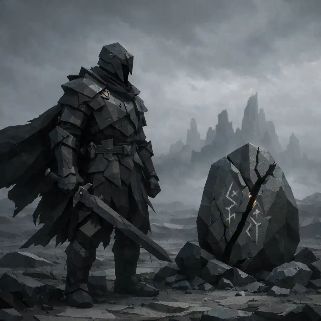 A weathered armoured warrior stands beside a fractured rune-stone on a foggy plateau.