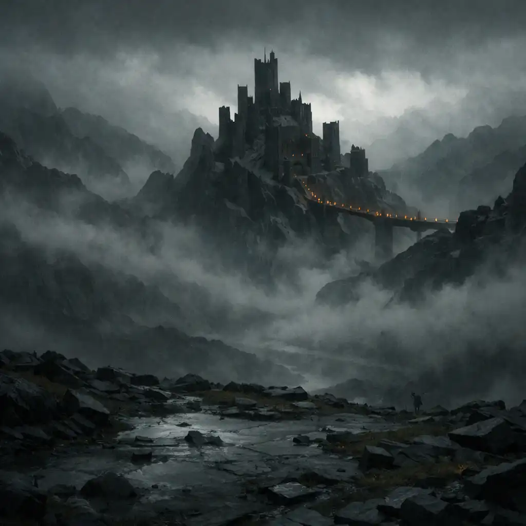 A distant basalt mountain keep rises through a mist-filled valley after rain.