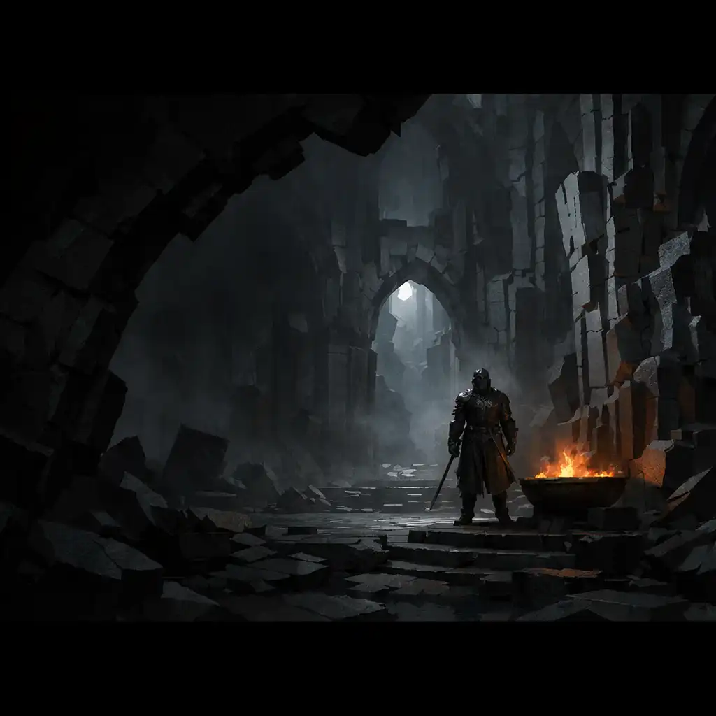A distant armored figure stands by an ember-lit brazier inside a ruined dark-fantasy cathedral.