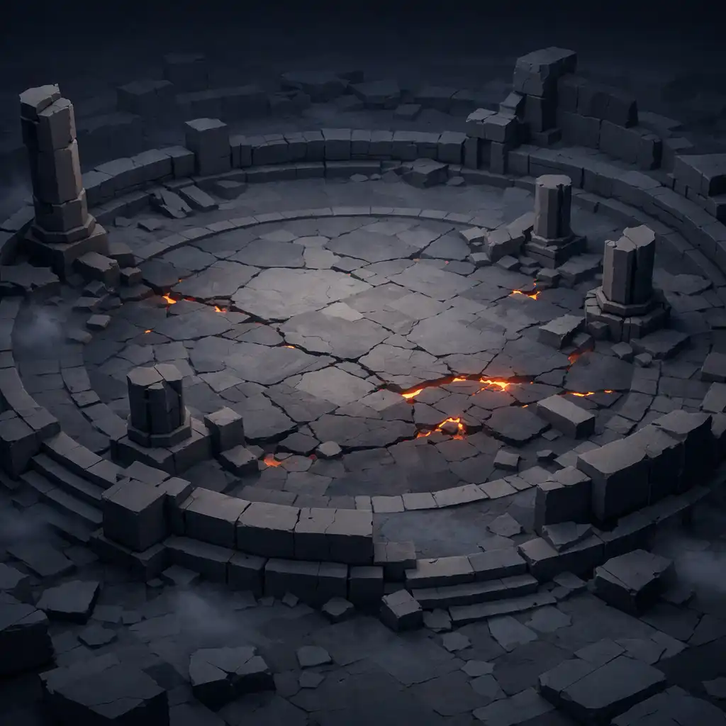 Circular ash-coloured stone arena with broken pillars and perimeter paths