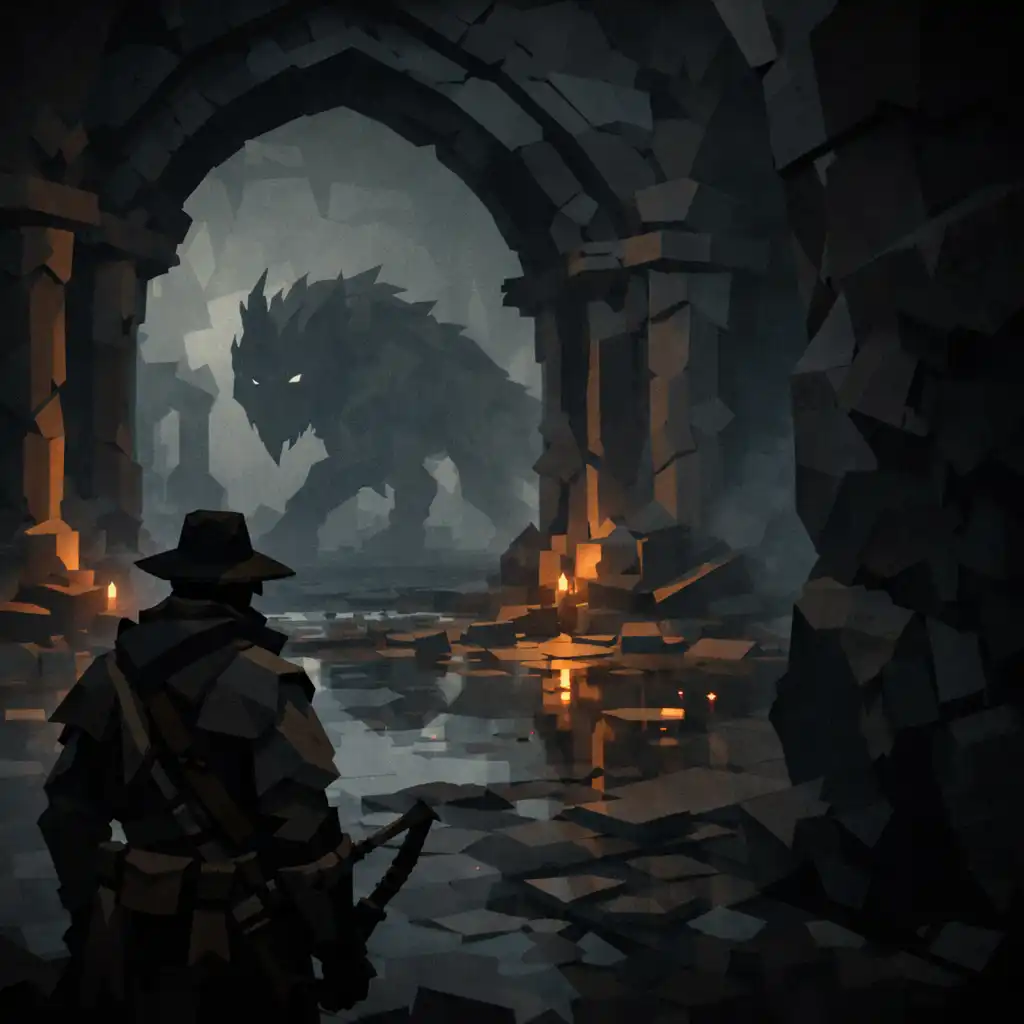 A hunter stands at the threshold of a vaulted hall with a distant shadowy creature beyond pillars.