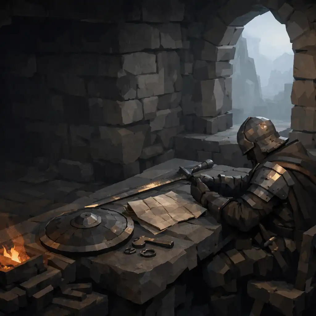 An armoured adventurer studies equipment at a basalt workbench.