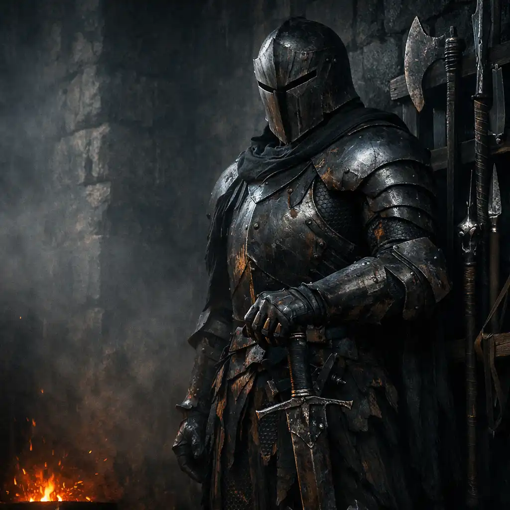 A battle-worn knight stands beside a rack of weapons in a narrow fortress chamber.
