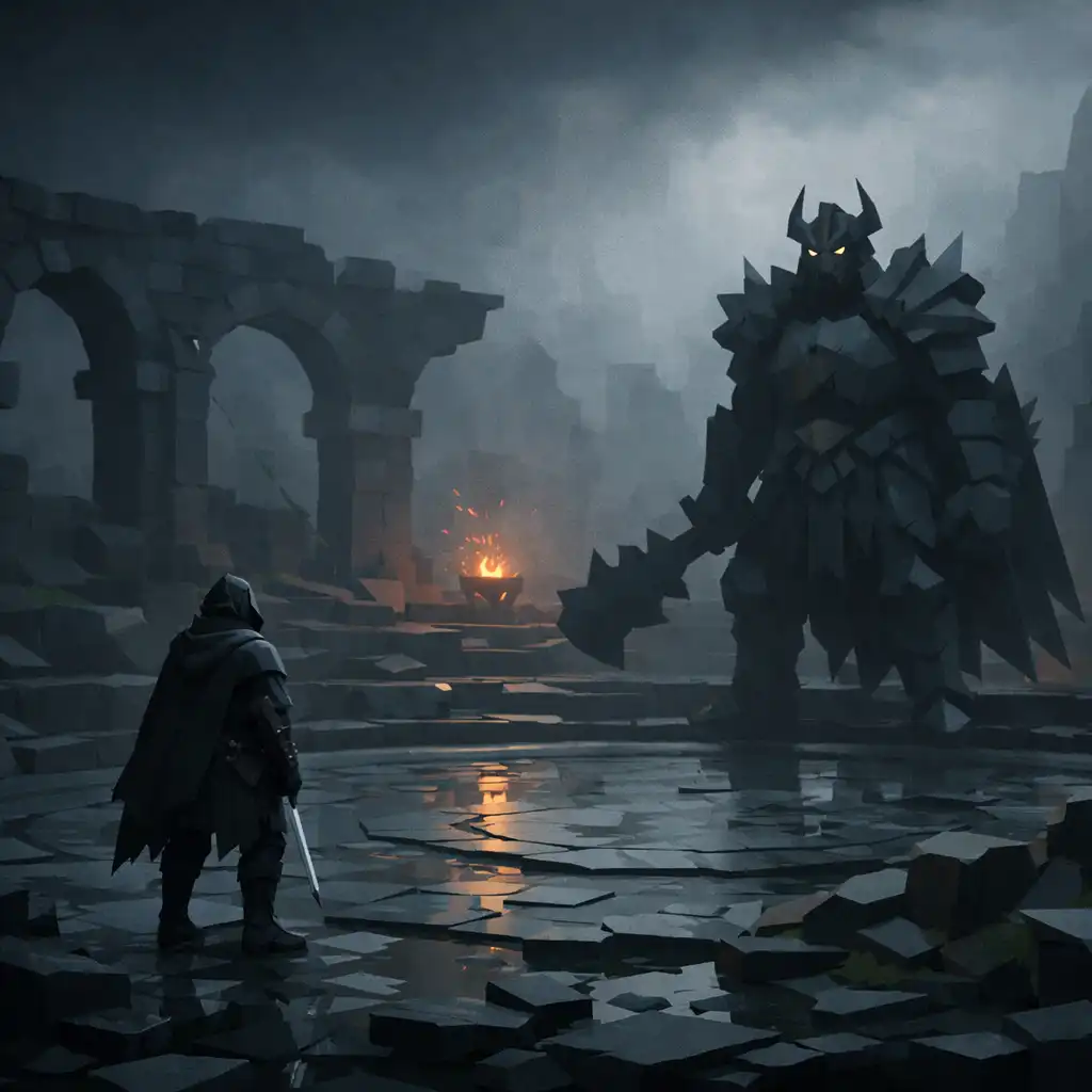 A cloaked traveller faces a distant armoured creature in a ruined stone arena.