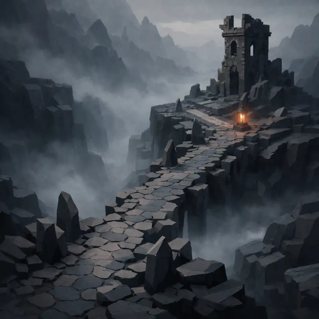 A narrow stone causeway leads through mist toward a ruined watchtower.