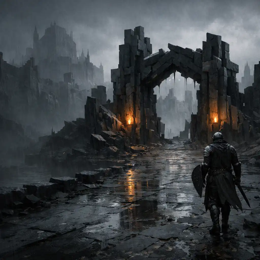 An armoured traveller approaches a broken basalt citadel gate through rain and fog.