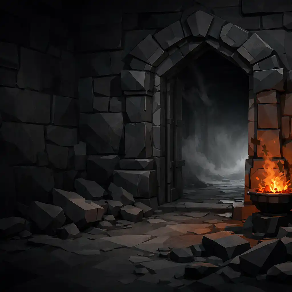 Smoke-filled dark stone gate with a small ember-lit brazier