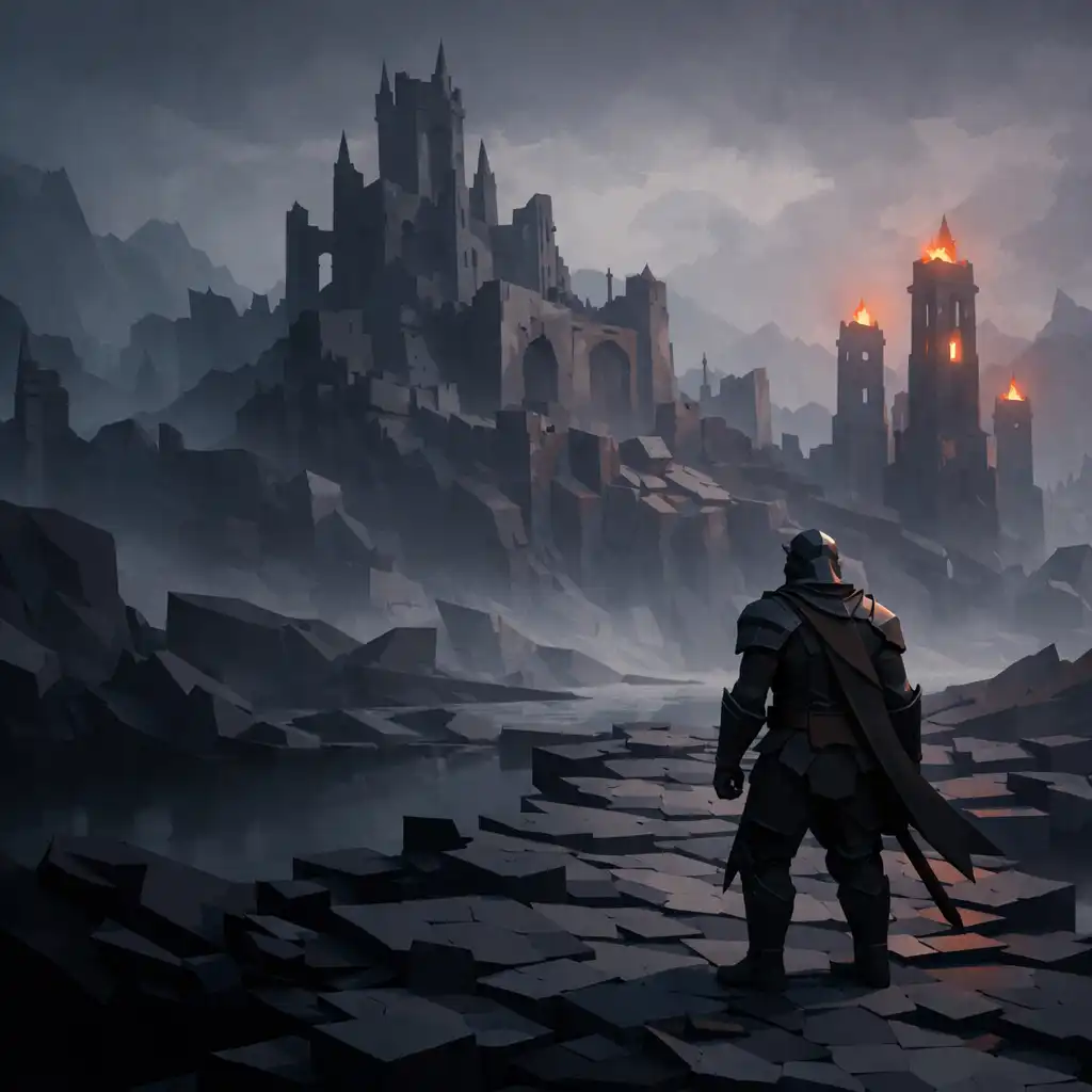 An armored wanderer facing an ember-lit ruined citadel across a broken basalt causeway