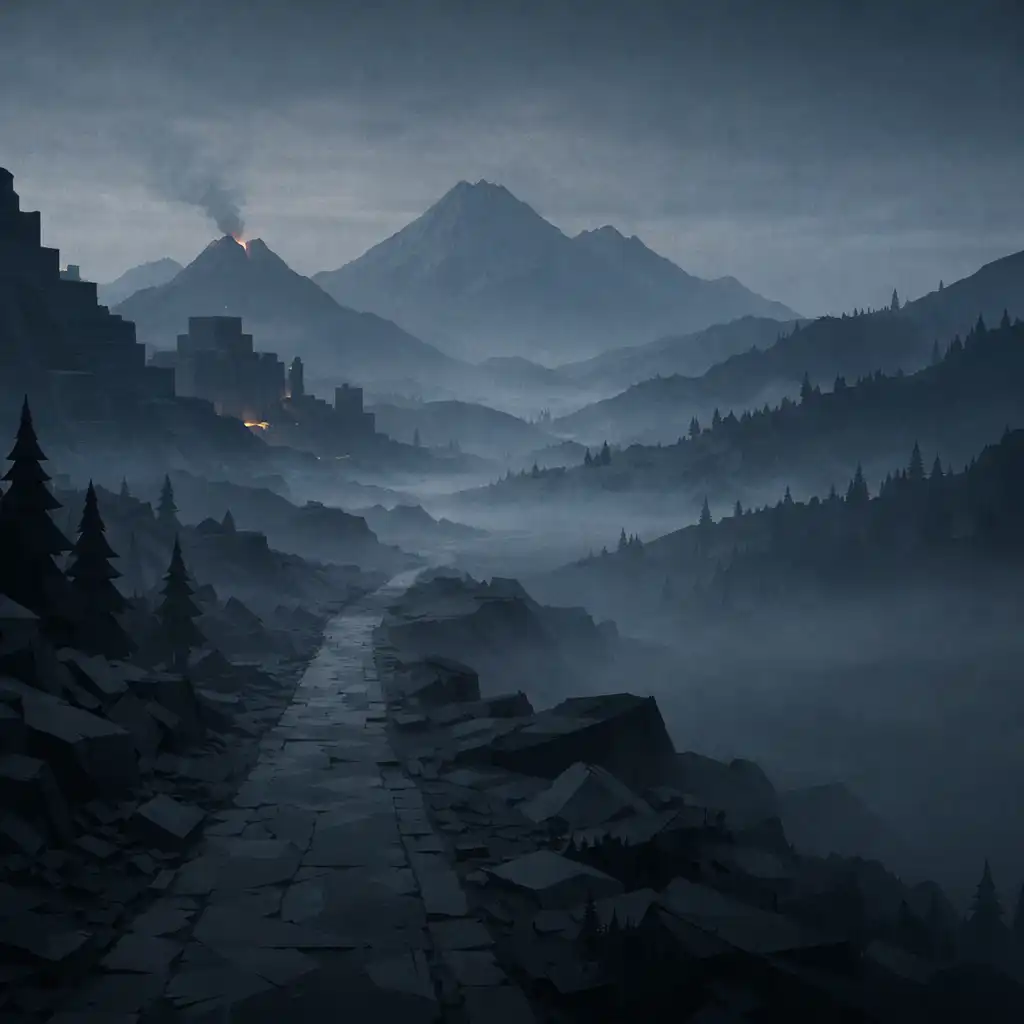 An abandoned road passes ancient stepped ruins through a fog-filled dark-fantasy valley.