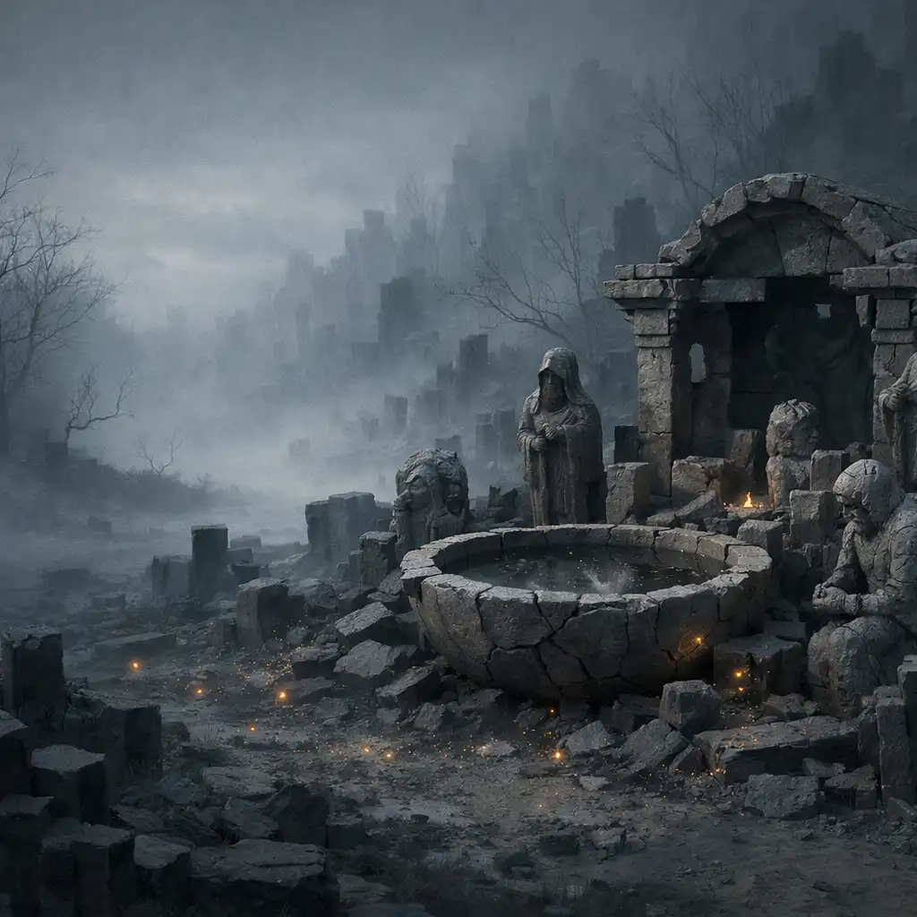 Fog-shrouded basalt forest shrine with weathered stone figures and a cracked basin