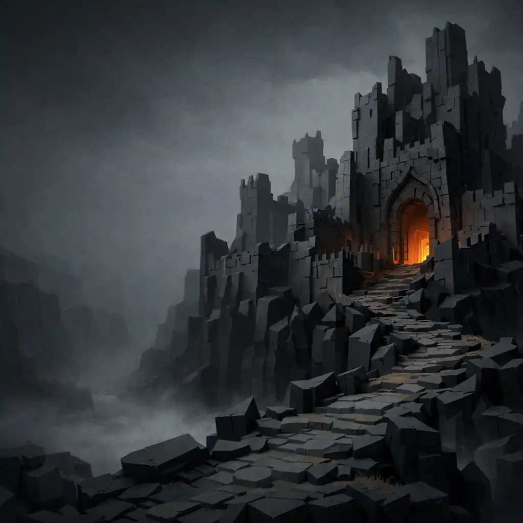 Ruined dark-fantasy citadel above a basalt ravine with a distant ember-lit gateway