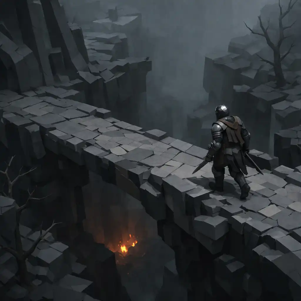 An armored knight crossing a weathered stone bridge above a dark ravine