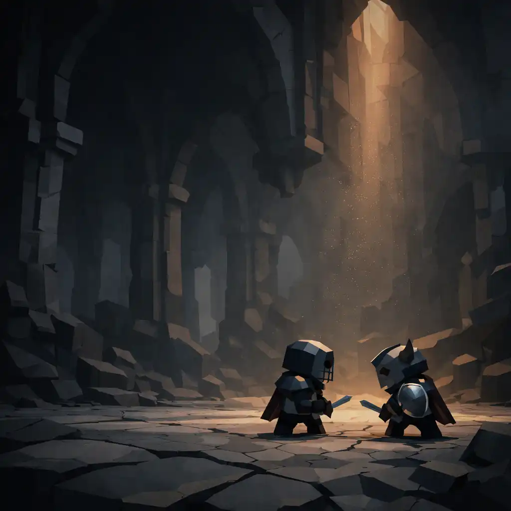 Two armored duelists in a vast abandoned basalt cathedral