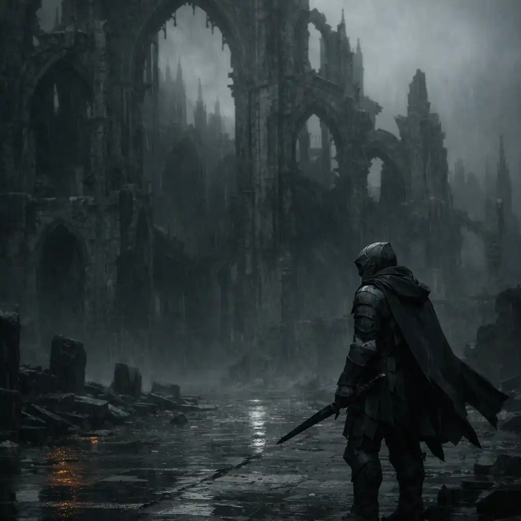 Armoured wanderer on a rain-dark causeway beneath ruined cathedral arches