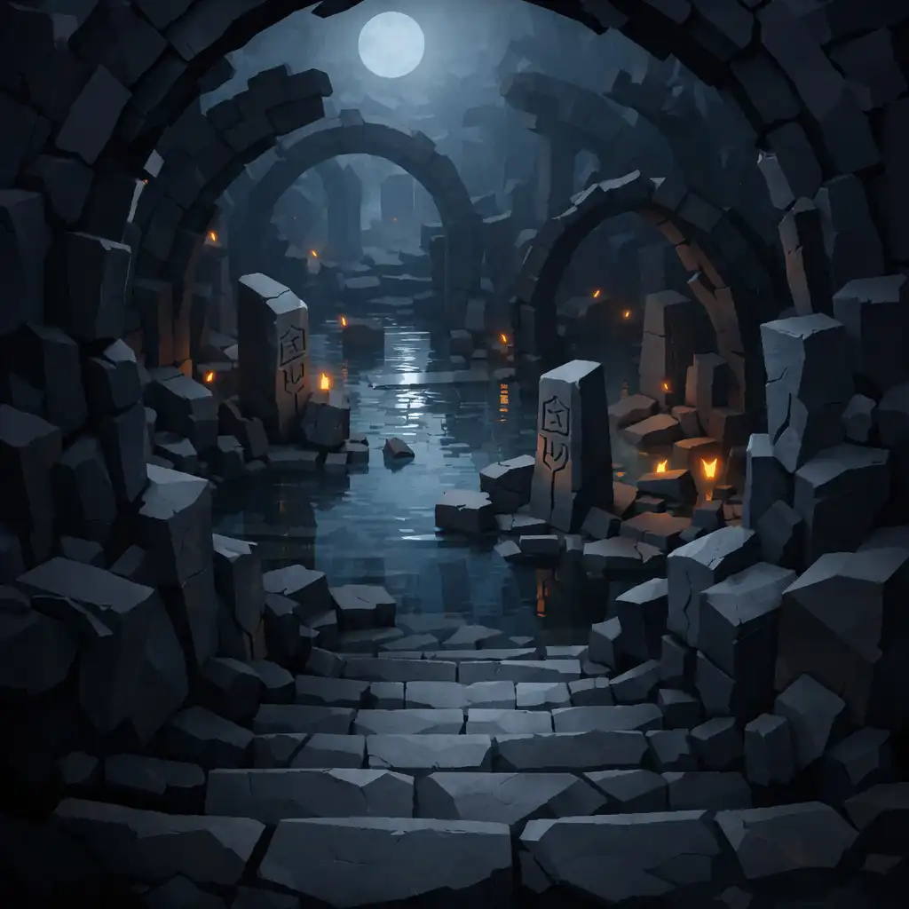 Moonlit stairs descending into flooded subterranean ruins