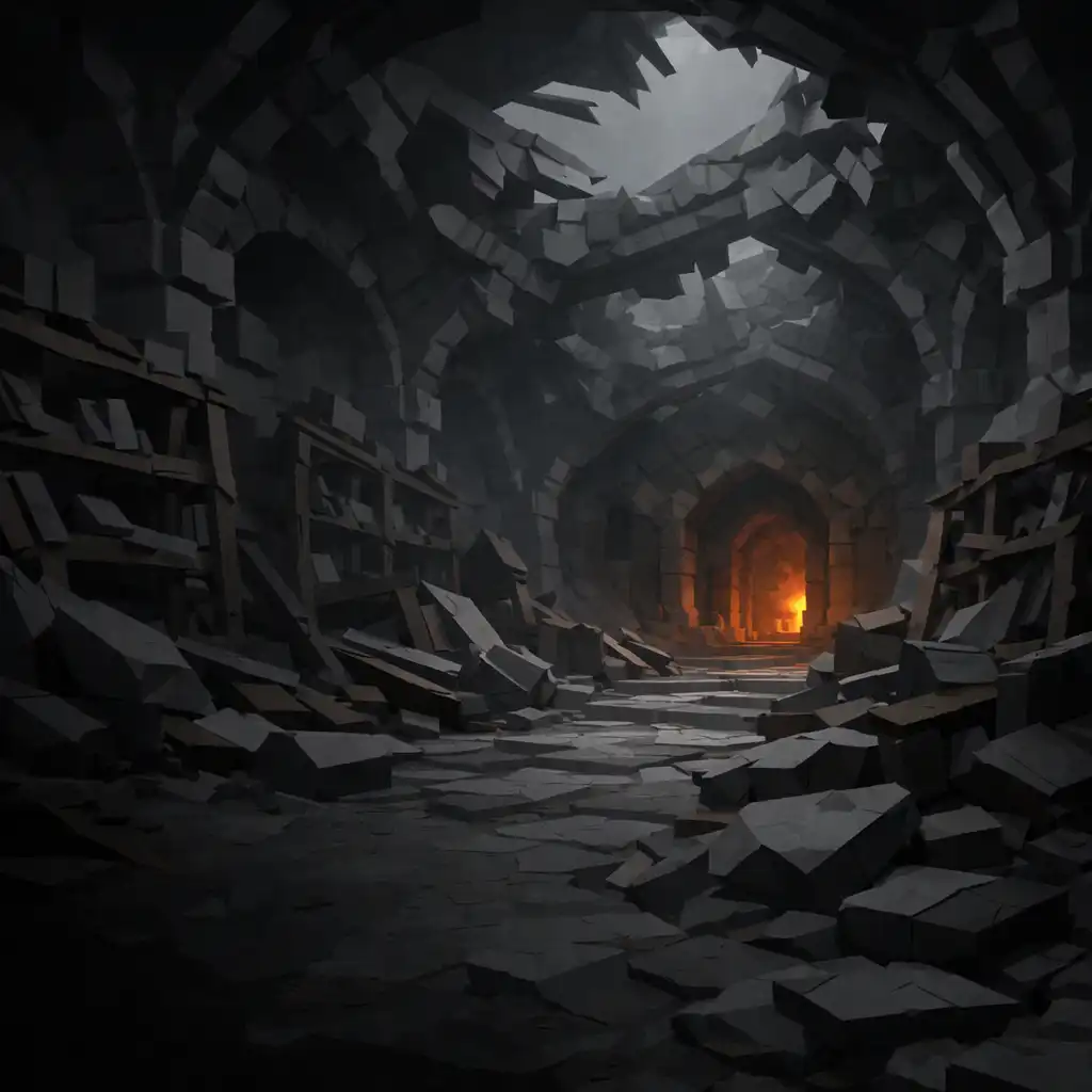A ruined basalt archive hall with collapsed shelves and a distant ember-lit doorway.