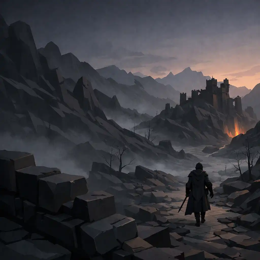 An armored traveler approaches a ruined fortress through a foggy dark-fantasy mountain pass.