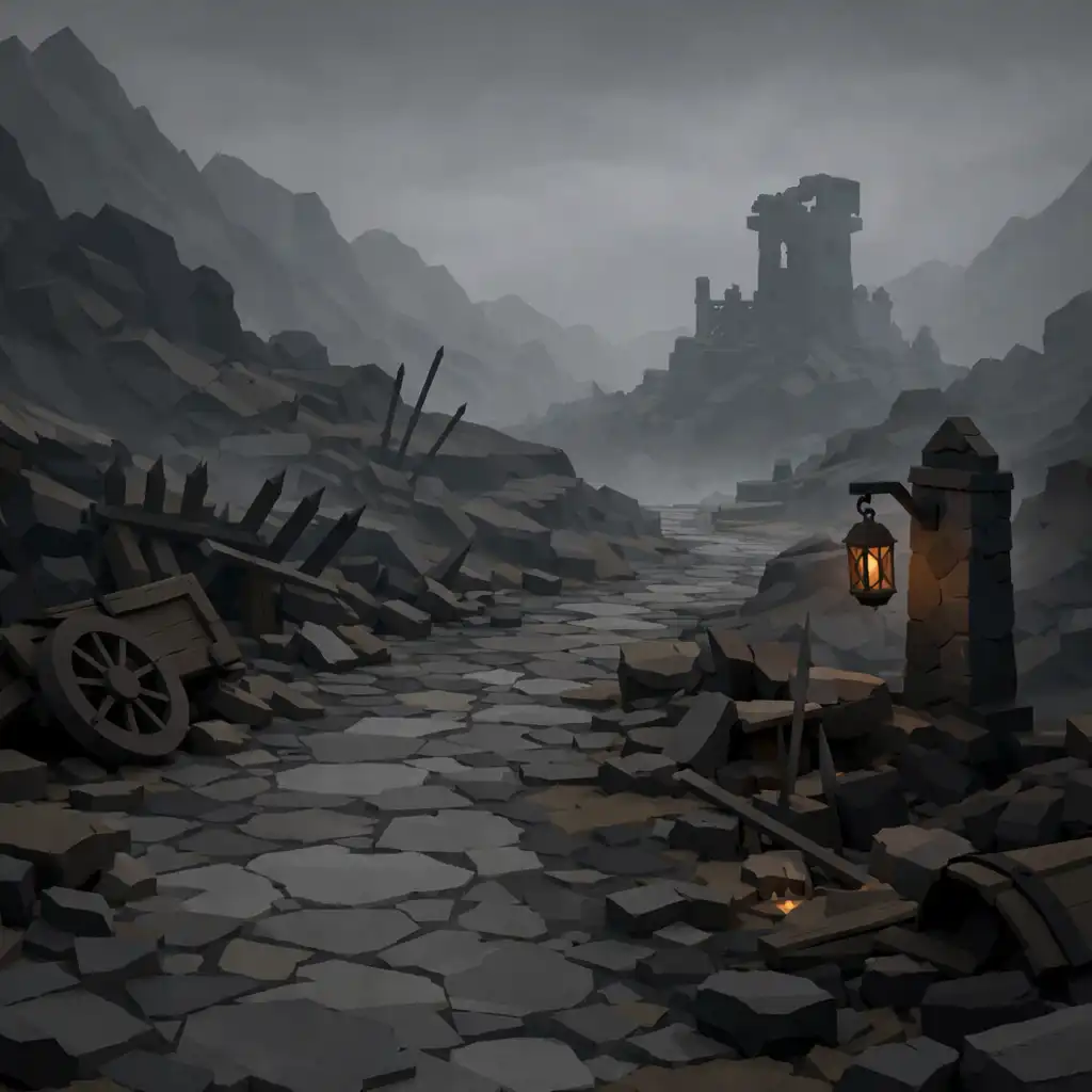 A foggy mountain road marked by broken barricades, carts, and a ruined watchtower.