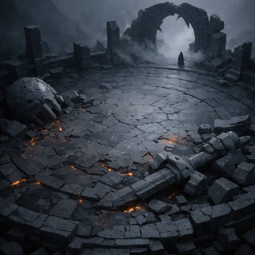 A weathered circular arena with shattered statues and a distant cloaked silhouette.